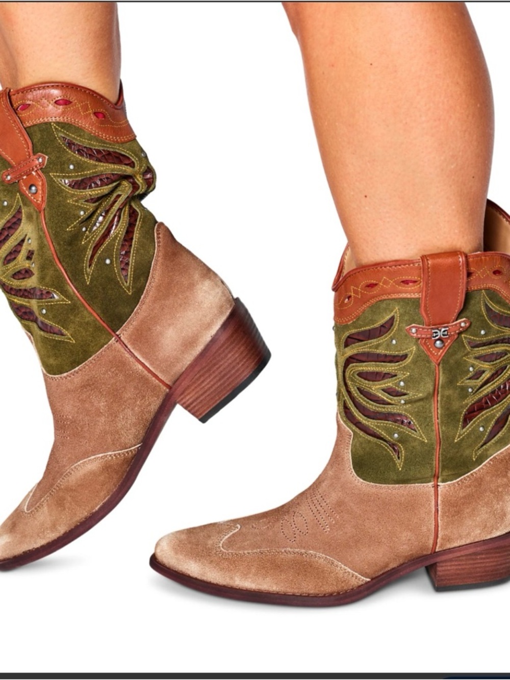 Sam Edelman Tan and Olive Suede Lace-Up Western Short Boots